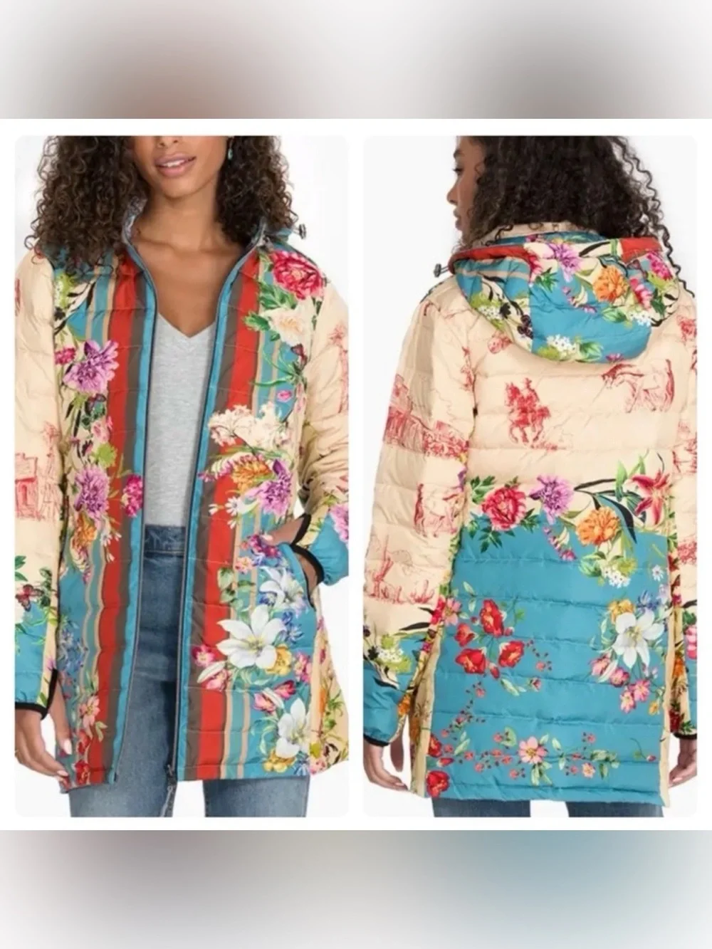 Johnny Was Santa Fe Reversible Down Puffer Parka Teal Multicolor Floral Large